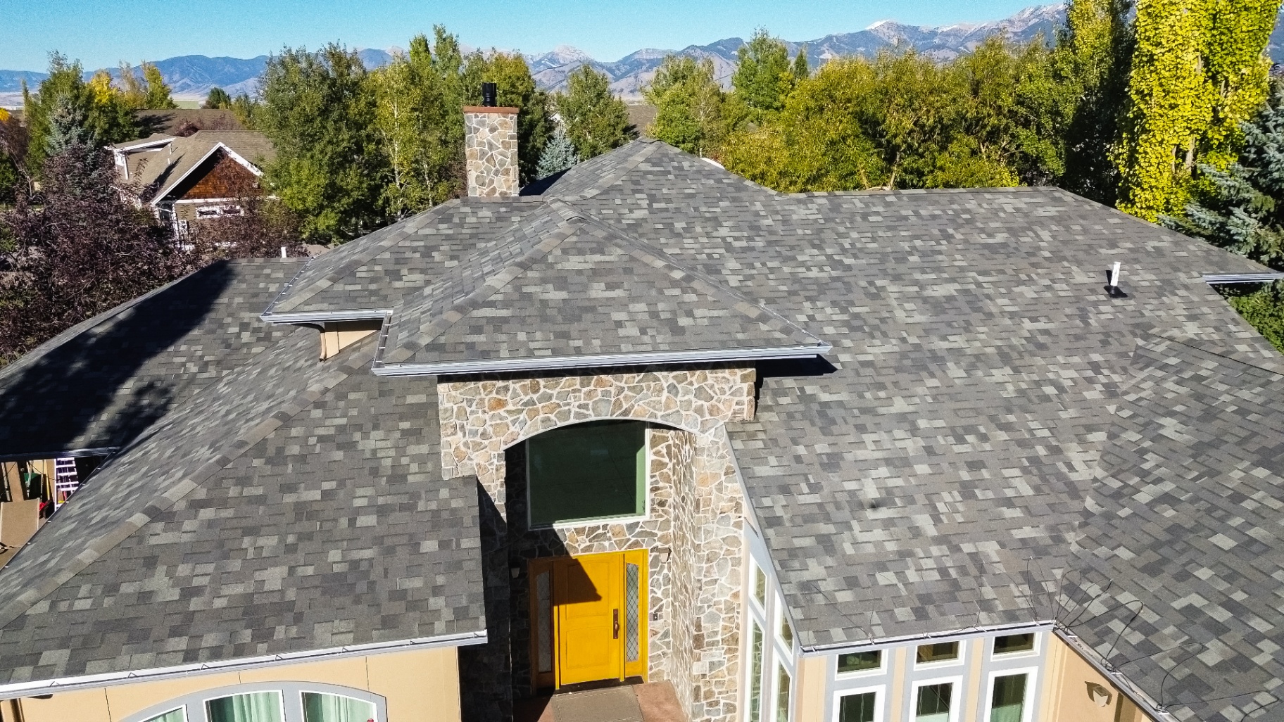 Full aerial of completed roof replacement