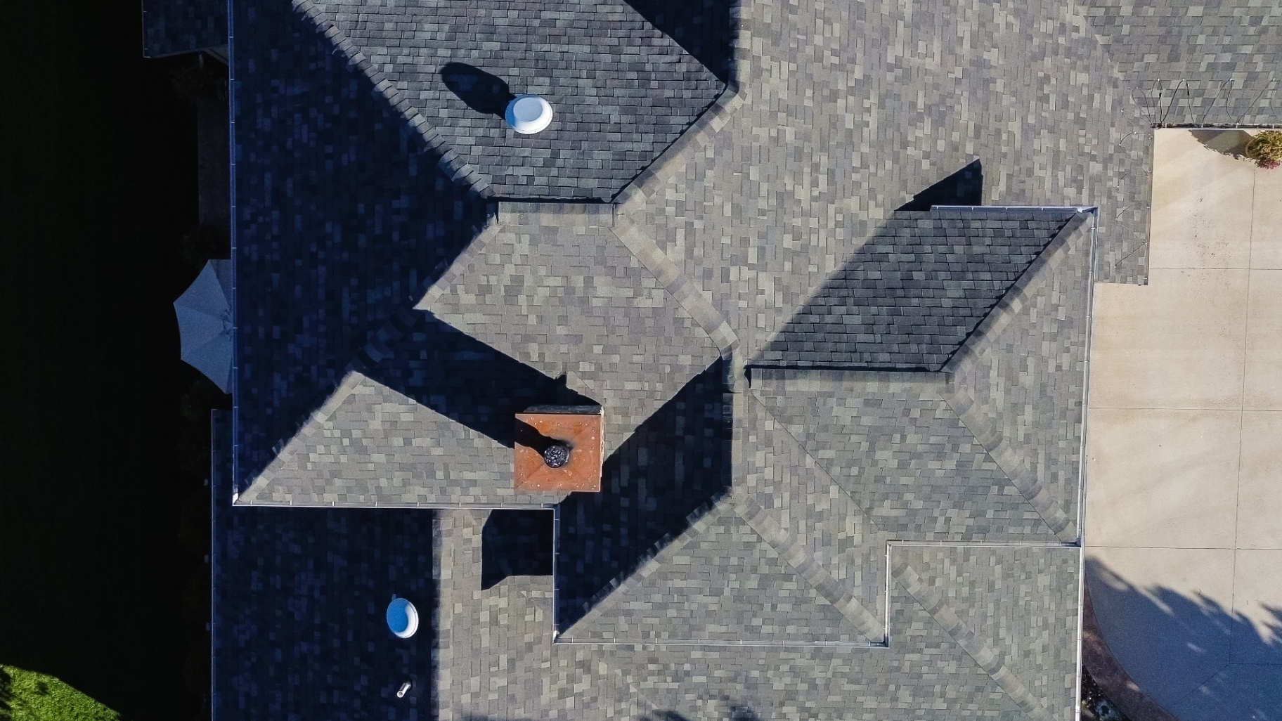 Top-down view of valleys, chimney and skylights